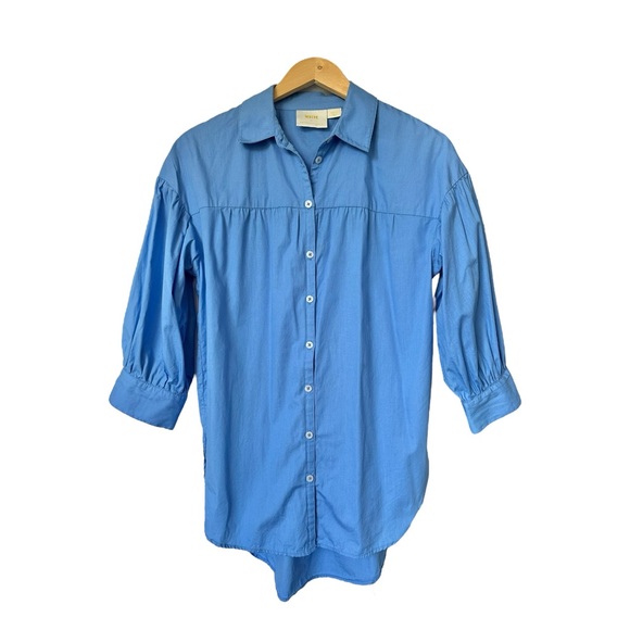 Mauve by Anthropologie Poplin Buttondown Shirt 3/4 Puffed Sleeve Blue Size Small - Picture 10 of 16